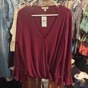 Sandy & Sid buckle waffle Deep Red V-Neck Blouse with Ruffle Hem